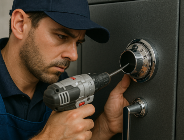 Technician repairing safe lock mechanism